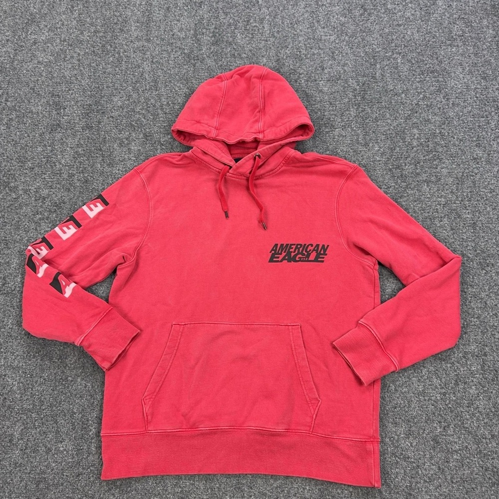 American Eagle Hoodieโ Mens Medium Red Fleece Pullover Sweatshirt Graphic Logo